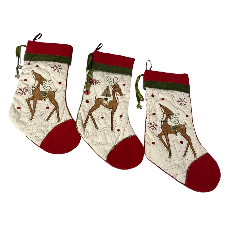 Set of 3 Quilted Reindeer Christmas Stockings Red Velvet Trim Jingle Bells 18in